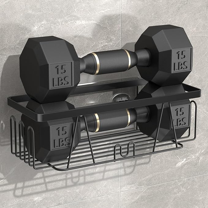 STEUGO Adhesive Shower Shelf - 5 Pack Drill-Free Shower Caddy with Soap and Toothbrush Holder, Rustproof Stainless Steel Black