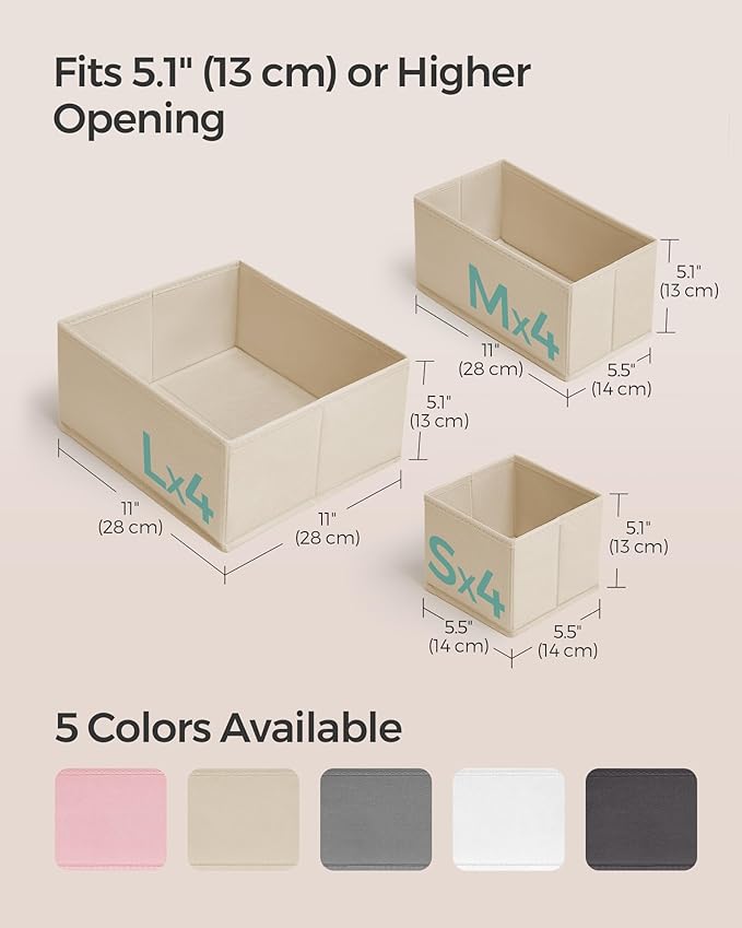 SONGMICS Drawer Organizer, Dresser Drawer Organizers, Set of 12, Foldable Fabric Storage Bins for Socks, Underwear, Bras, Ties, Scarves, Sand Beige URDZ006Y02