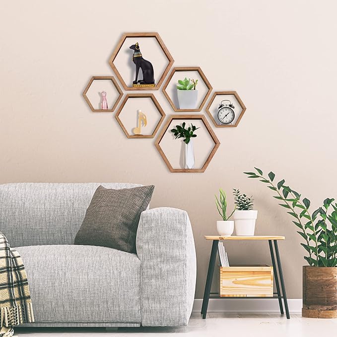 PHOENANCEE Hexagon Floating Shelves,Honeycomb Shelf,Wall Mounted Rustic Wood Octagon Storage Shelves Set of 3 for Living Room Bedroom Bathroom Office Hexagonal Decor(Carbonized Black)