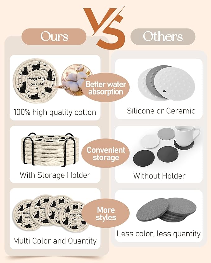 Cup Coasters for Drinks Absorbent - for Coffee Wooden Table Office Cute Farmhouse Outdoor Rustic Desk Kawaii Woven Women Kids Soft Cloth Braided Fabric Cartoon Cat Coaster Set of 6 with Holder