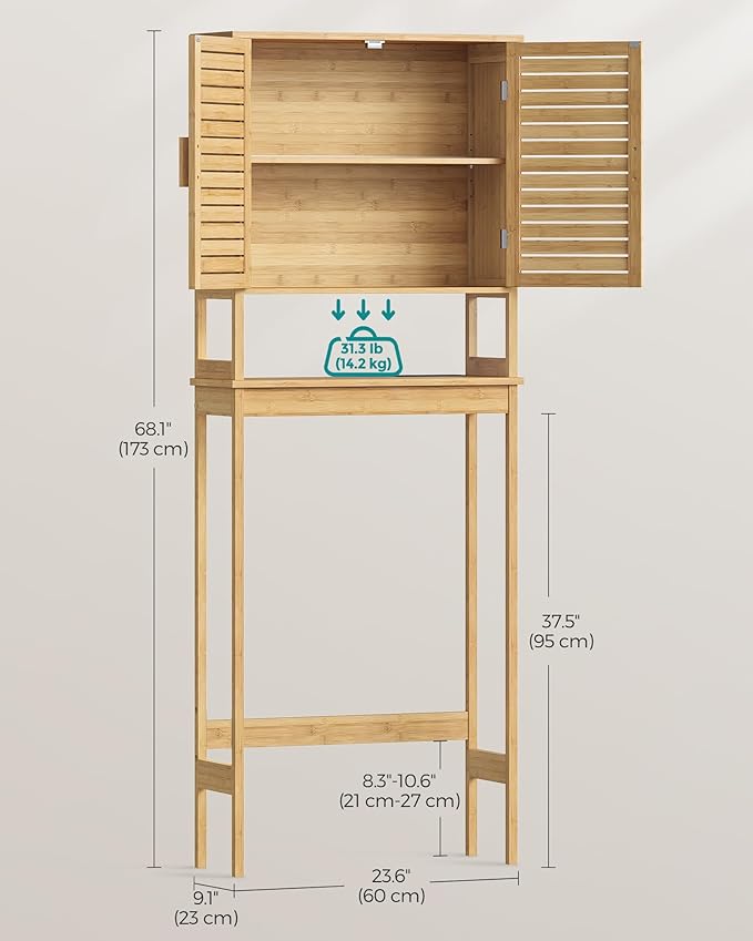 SONGMICS Over The Toilet Storage Cabinet with Charging Station, Bathroom Cabinet with Adjustable Inside Shelf and Bottom Stabilizer Bar, Space-Saving Toilet Rack, Natural Beige UBTS015N01