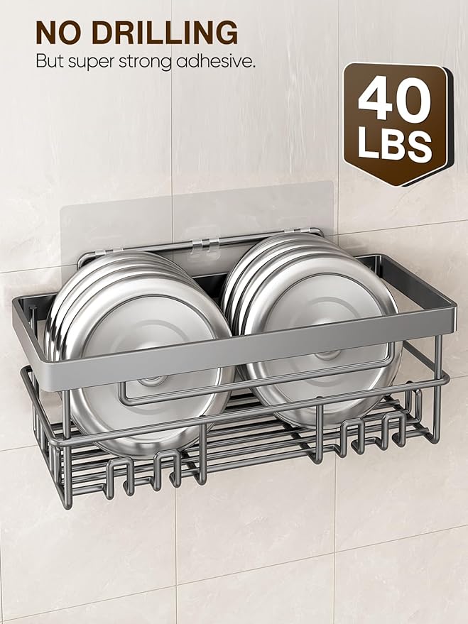 Cobbe Adhesive Shower Caddy 5-Pack, Large Wall Mounted Shower Shelves Rack, Organizer Storage Accessories with Soap Dish&Toothbrush Holder, Shelves for Bathroom Storage & Home Kitchen Decor, Gray