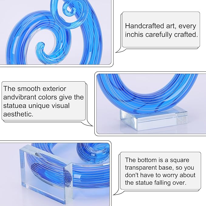 13" H Large Murano Glass Sculpture Blue Hand Blown Glass Figurines Art Music Decor, Modern Blue Glass Decor Crystals Sculpture Statue - for Luxury Home Living Room Office Console Table Decor