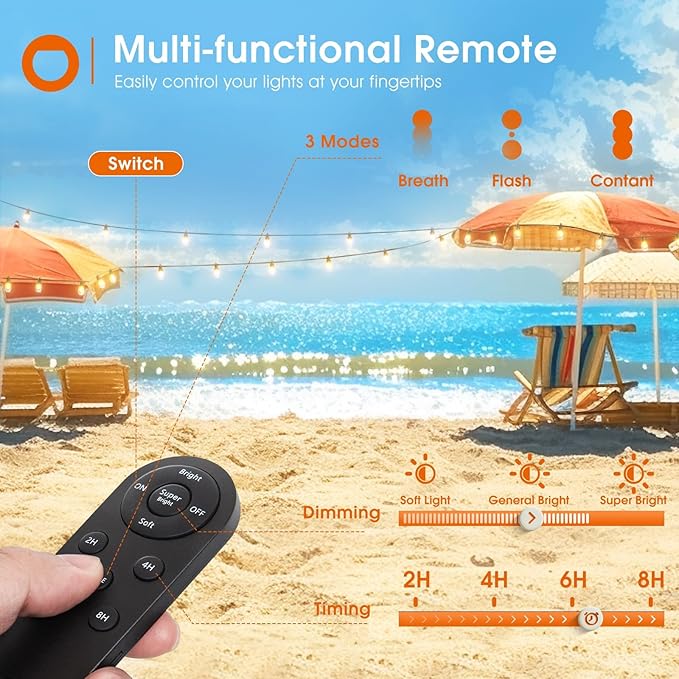 addlon 54FT Solar String Lights Outdoor Waterproof with USB Charging & Remote Control - Dimmable Solar Power Patio Lights with 26 LED Bulbs for Porch, Garden, Yard, Market, Bistro - Lasts 20+ Hrs