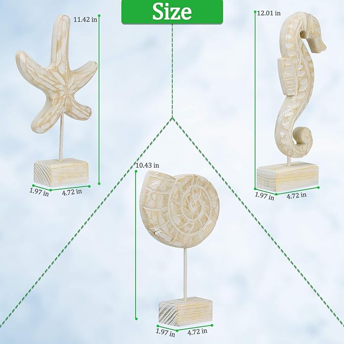 3Pcs Modern Wood Sculpture Home Decor Statue Starfish Conch Seahorse Figurines Beach Nautical Style Table Sculptures Home Decor