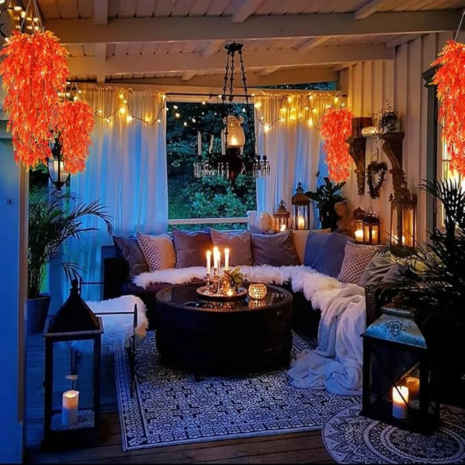 RECUTMS Fall Flowers Faux Hanging Plants Artificial Autumn Fake with Lights for Thanksgiving Indoor Outdoor Wedding Garden (Gold 2)