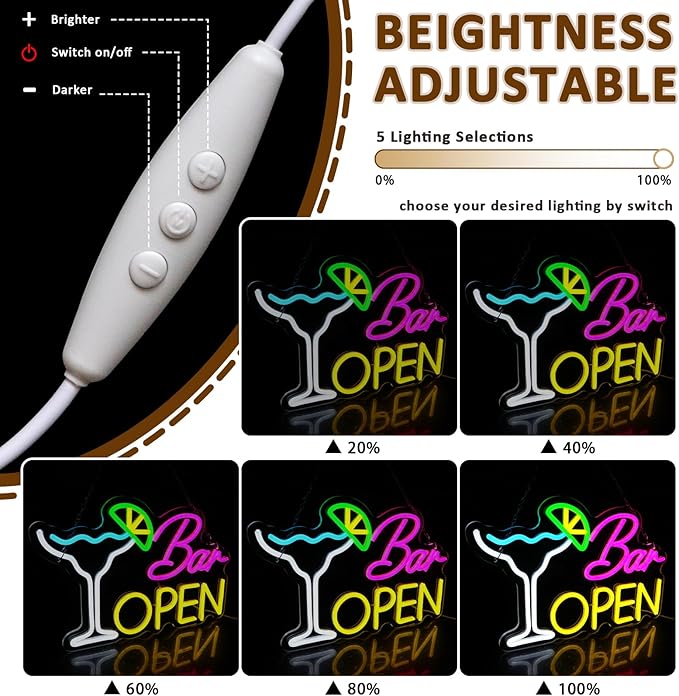 Bar Open Sign for Business, Neon Open Sign, USB Dimmable Cocktails Neon Lights for Beer Bar Coffee Cafe Home Pub Man Cave Stores Hotel Party Window Wall Decor Restaurant