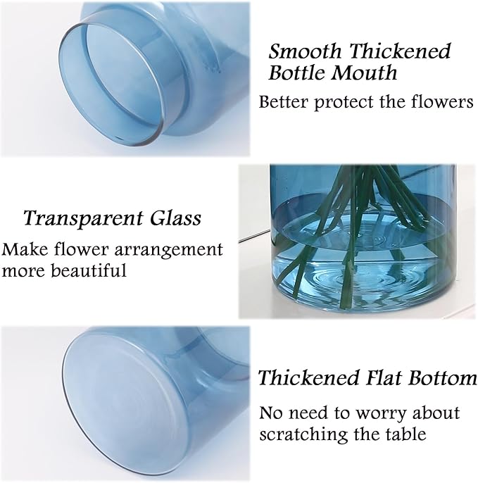 Large Glass Vase, Blue Glass Vase Set of 2, Large Flower Vases for Bouquet, Tall Wide Mouth Vases for Flowers, Home, Wedding, Living Room, Office Decor, 7"+9"