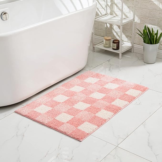 CozeCube Checkered Bath mats Non Slip, Plush Shaggy Bath Rugs for Bathroom Washable, Buffalo Plaid Bath mat, Pink Christmas Bathroom Rugs, Blossom Pink, 47" x 24"