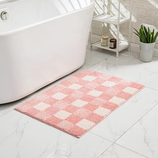 CozeCube Checkered Bath mats Non Slip, Plush Shaggy Bath Rugs for Bathroom Washable, Buffalo Plaid Bath mat, Pink Christmas Bathroom Rugs, Blossom Pink, 47" x 24"
