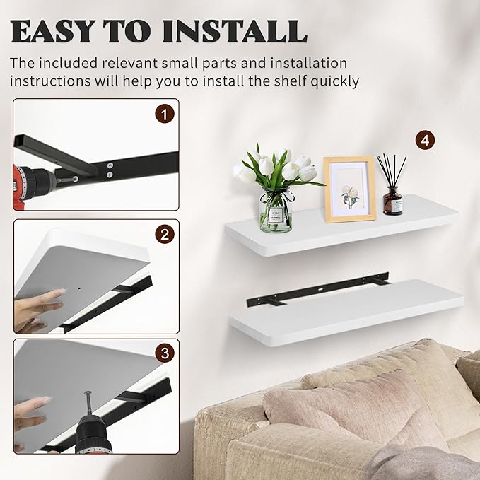 Floating Shelves for Wall, Wood Shelves with Invisible Brackets for Bathroom, Living Room, Bedroom and Kitchen, Long Wall Shelf for Books/Storage/Room Decor, 24 Inch, Set of 2, White
