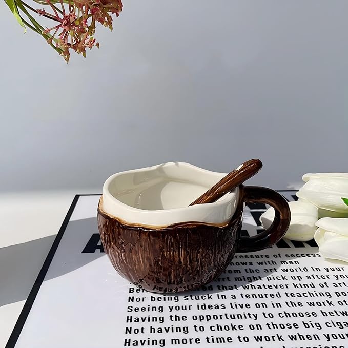 Ceramic Coffee Mug With Spoon, Coconut Cup, Novelty Mugs, Aesthetic Cups, Elegant Gift for Home Office, About 8.5-10 oz