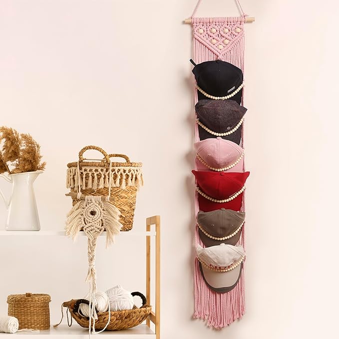 Ball Cap Hanger-1 Pack-Boho Macrame Cap Holder Wall Hat Organizer for Baseball Cap Holder Over Door, Hat Rack for Wall, Cap Rack for Decoration and Display(Pink)