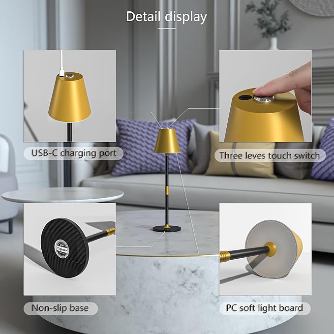 Modern LED CordlessTable Lamp,4000mAh Rechargeable Battery Desk lamp,3 Level Brightness Night Light,Minimalist Design, for Couple Dinner/Coffee Table/Restaurant/Bedroom(Gold&Black)