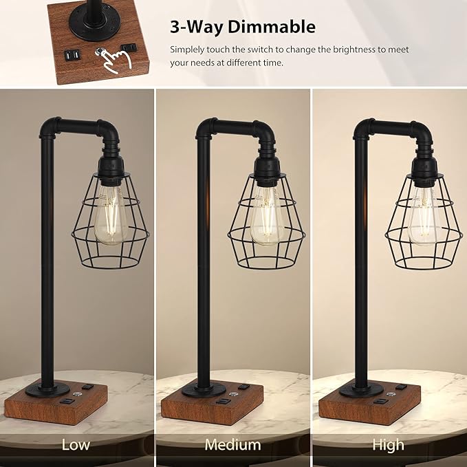CADUKE Industrial Touch Control Table Lamp, LED Bulb Included, 3 Way Dimmble Lamp with 2 USB Ports and AC Outlet, Bedside Nightstand Desk Lamps with Metal Cage Shade for Bedroom Living Room Farmhouse