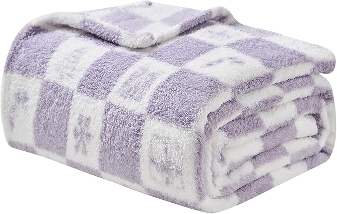 EMME Checkered Blanket Twin Size - 60"x80" Lavender Knit Blanket Soft Fluffy Patterned Blankets for Couch, Sofa, Chair, Bed, Camping, Picnic, Travel