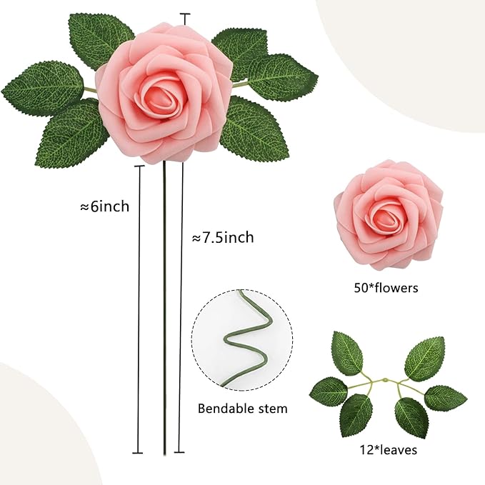 50PCS Pink Artificial Flowers Roses Real Looking Foam Fake Roses with Leaves and for DIY Wedding Bouquets Bridal Shower Centerpieces Party Decorations (Pink, 50)