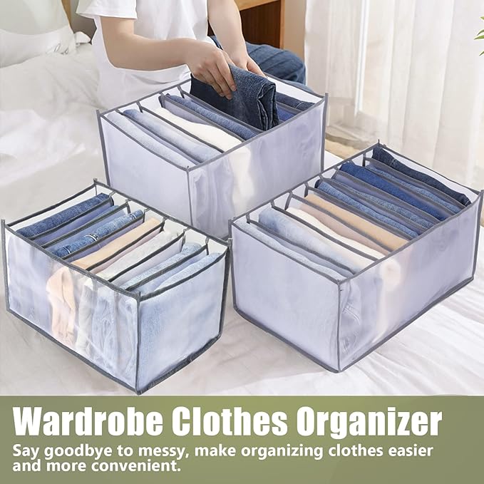 TOOVREN Upgraded Jeans Organizer for Closet, Wardrobe Clothes Storage, Mesh Foldable Compartment for Pants, Leggings, 2 Pack, Large 7 Grids