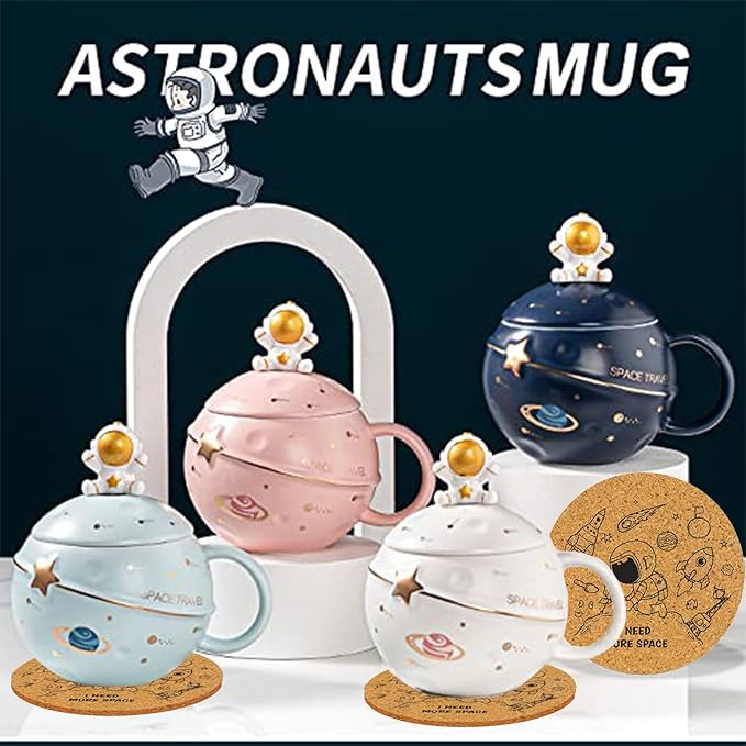 Kawaii Astronaut Cup Space Embossed Planet Mug, Cute Ceramic Coffee Mug, Novelty Mug with Lid and Spoon for Coffee, Tea, Milk, Aesthetic Room Decor Funny Gift for Girl Boy Women (Blue)