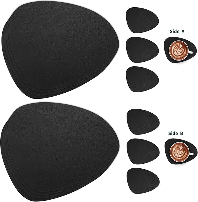Myir JUN Placemats, Dual-Sided Placemats Waterproof Faux Leather Placemats Set of 4 Place Mats and Coasters Non-Slip Washable Table Mats for Dining Table (Black, Set of 4)