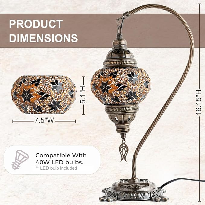 Kafthan Turkish Moroccan Mosaic Lamp – Handmade Glass Swan Neck Bedside Lamp with Antique Brass Base, Ideal Decor for Bedroom, Office, Living Room – Bulb Included (Ecru Snow Flakes)