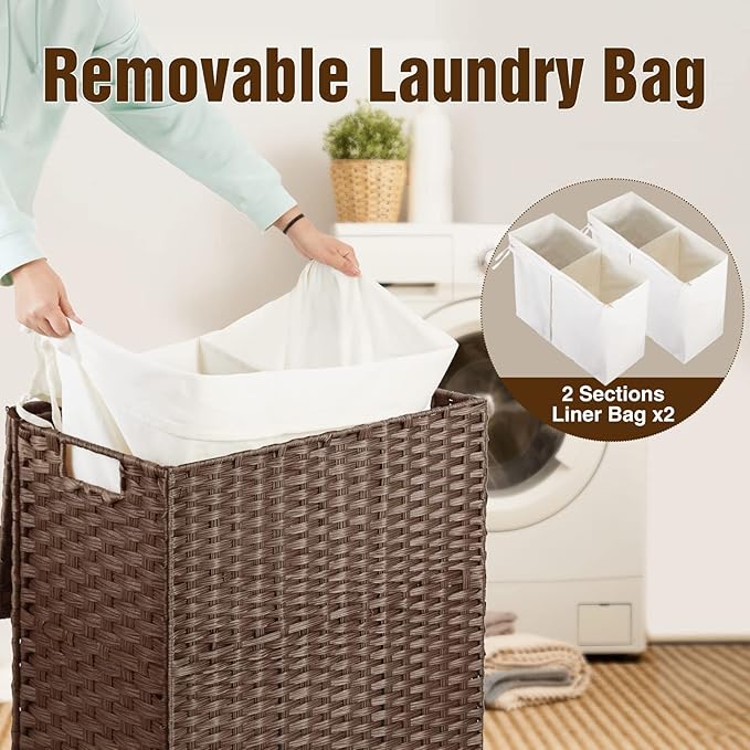 Greenstell Laundry Hamper with Wheels, No Install Needed, 90L Divided Handwoven Hampers & 2 Removable Liner Bags, Synthetic Rattan Clothes Laundry Basket with Lid & Handles, Foldable Hampers Brown