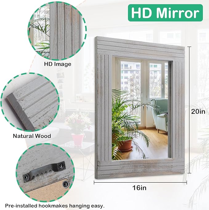 Rustic Mirror Wooden Frame Rectangular Antique Wall Mirror Decor Farmhouse Bedroom Dresser Bedroom Entryway Mirror Large Light Gray 20"x16"
