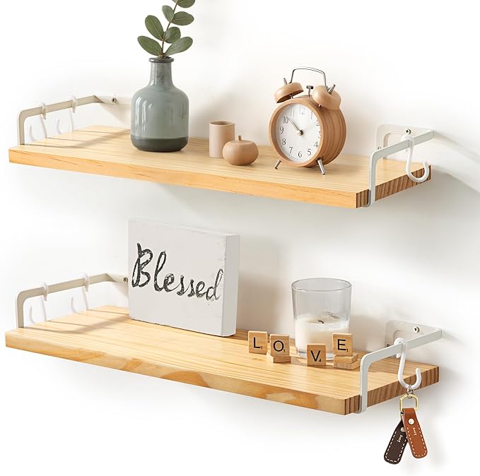 Gronda Floating Shelves for Wall Storage Shelf with White Brackets for Bathroom Kitchen Laundry Over Toilet Wooden Hanging Organizer Rustic Boho Decor for Bedroom Living Room, Set of 2