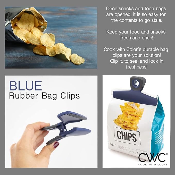 COOK WITH COLOR Food Clips - Wide Heavy Duty Chip Clips, Large Bag Clips for Food Storage with Air Tight Seal Grip, Pack of 16, Blue