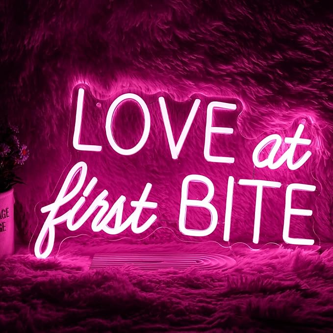 Love At First Bite Neon Sign Led Pink Words Neon Light Sign Wall Art Neon Light For Wedding Light Up Sign For bedroom Bar Pub Party 15.7"X10.2")