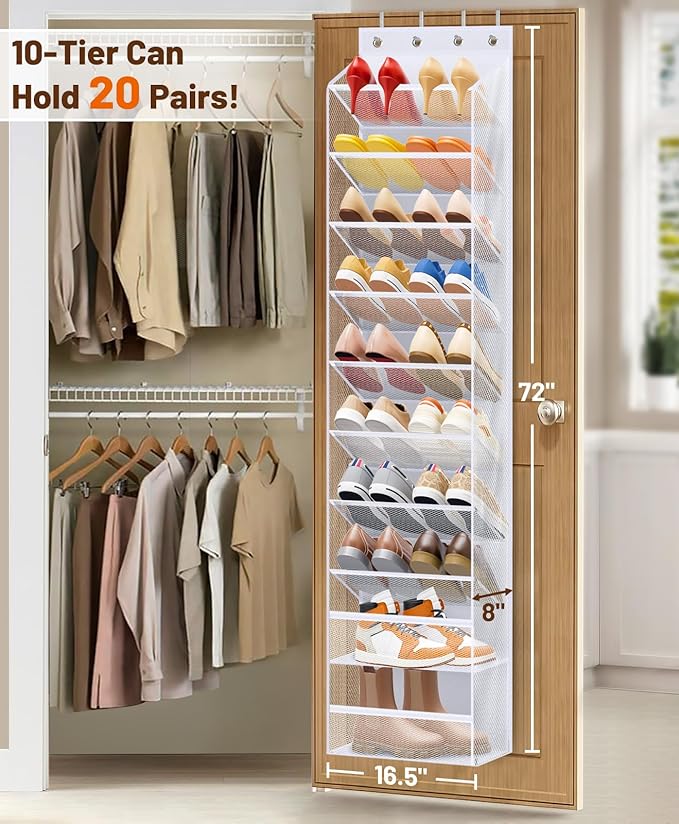 MISSLO 10 Tier Over the Door Shoe Organizer Breathable Mesh Hanging Shoe Rack for Closet Storage Shoe Holder for Door Fit 20 Pairs Sandals, Heels, Boots (White)
