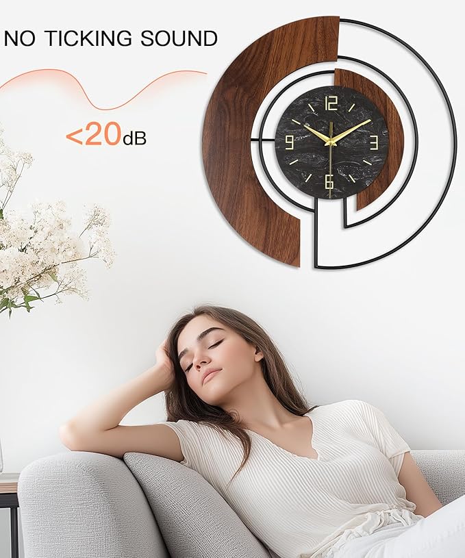 Modern Large Wall Clock - 24” Silent Battery Operated Decorative Clock with Wood and Metal Frame, Non-Ticking for Living Room, Office, Bedroom, or Entryway Wall Decor