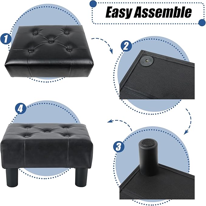 BRIAN & DANY Small Foot Stool, Leather Foot Stools with Legs, Stable Small Footstool for Living Room, Black