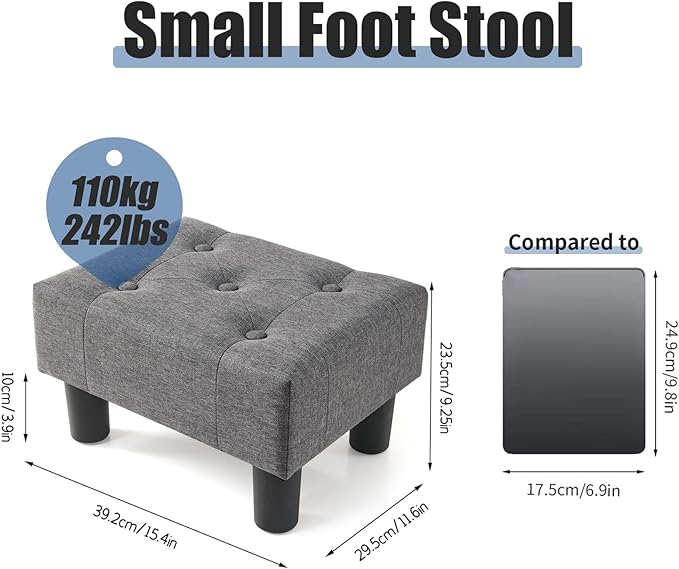 BRIAN & DANY Small Foot Stool, Linen Foot Stools with Legs, Stable Small Footstool for Living Room, Grey