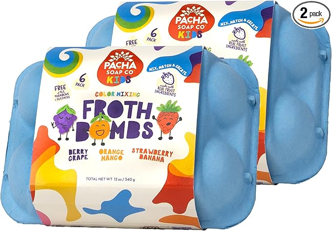 Pacha Soap Co. Kids Color Mixing Bath Bomb, 2-Pack - Safely Colors Bath Water, Kids Love Them, Plant-Based, Non-Toxic, No Animal Testing, Vitamin Rich, Endless Frothy Fun, Mix & Match
