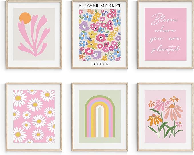Habseligkeit Pink Danish Pastel Wall Decor for Girls Dorm, Boho Matisse Wall Art Prints, Flower Market Posters for Room Decor Aesthetic Unframed, 8x10in, Set of 6