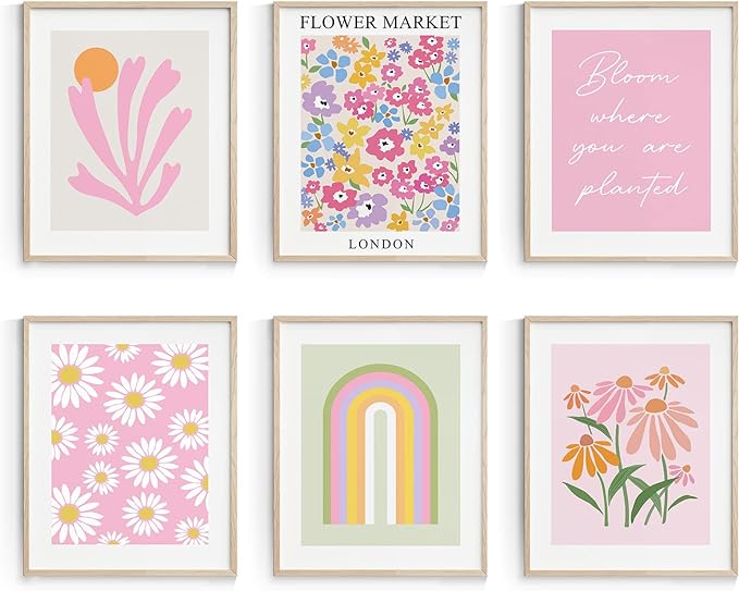 Habseligkeit Pink Danish Pastel Wall Decor for Girls Dorm, Boho Matisse Wall Art Prints, Flower Market Posters for Room Decor Aesthetic Unframed, 11x14in, Set of 6