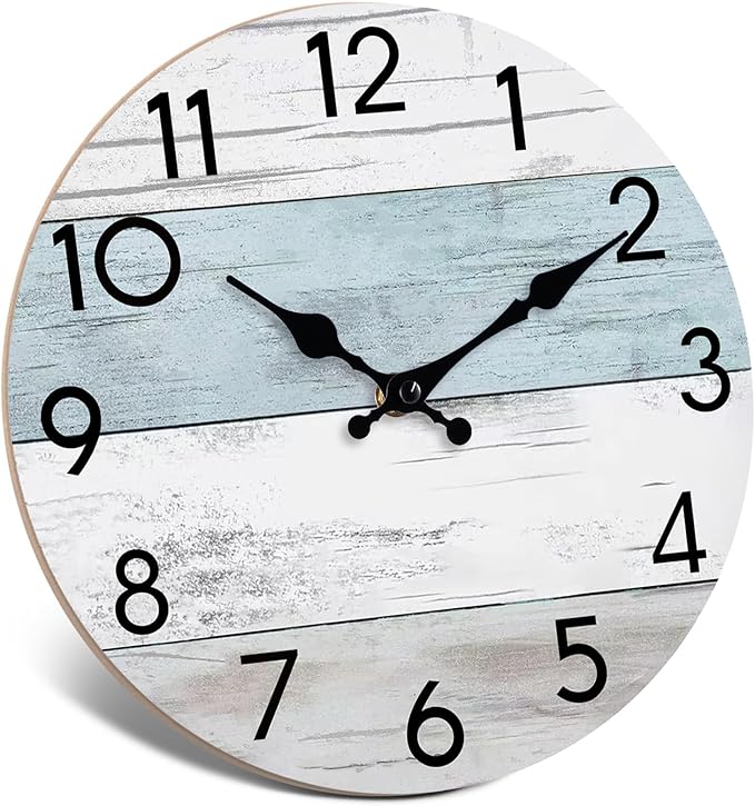 Wall Clock Silent Non-Ticking Wooden Clocks Battery Operated 8 Inch Small Country Retro Rustic and Beach Style Decorative for Kitchen, Home, Bathroom, Bedroom (Blue)