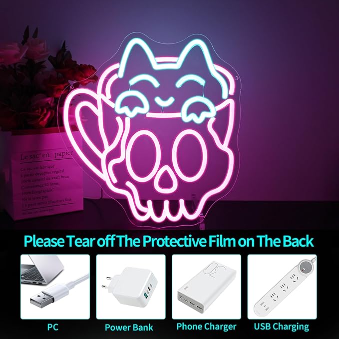 Neon Sign, HSJNJKFU Cat Coffee Cup Neon Signs for Wall Decor LED Sign for Room Cafe Home Party Birthday Bar Beer Signs - USB Powered.