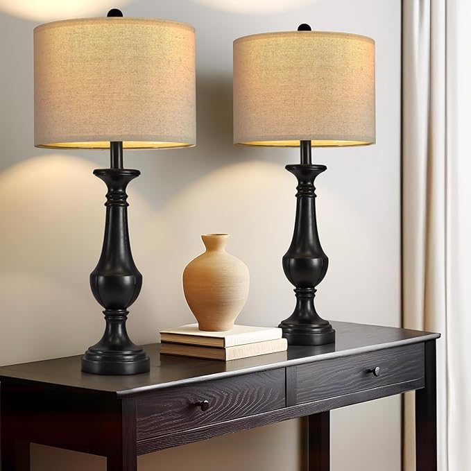 PoKat 27.5" Farmhouse Table Lamp for Living Room, Mid Century Tall Table Lamp for Bedroom, Bedside Lamps for Night Stands, Wood Bedroom Lamp for End Table, Traditional Lamp, Distressed Black
