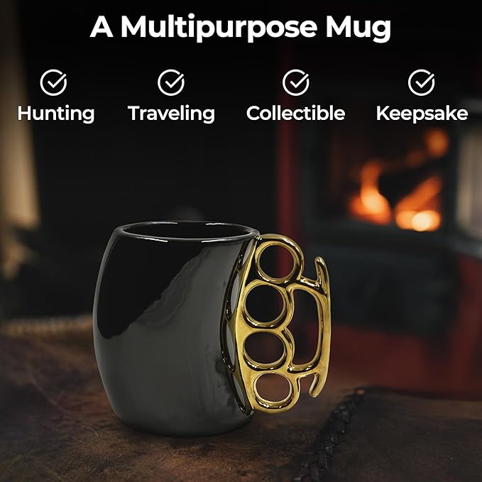 Caliber Gourmet Brass Knuckles Cup - Black and Gold Ceramic Self-Defense Novelty Coffee Mug, Unique Knuckles Mug for Collectors, Perfect Odd Coffee Mug Gift Idea for Christmas, Father's Day & More