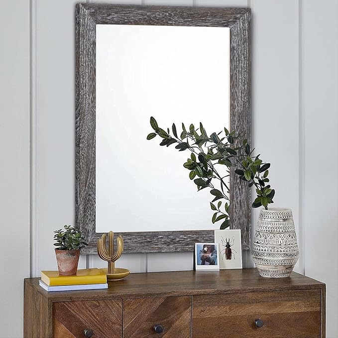 AAZZKANG Wall Mirror with Rectangle Wood Frame Large 28"x20" Rustic Decorative Hanging Mirrors for Bedroom Bathroom Living Room Home Office