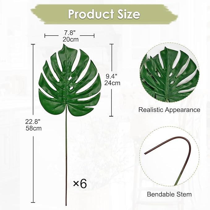 DILATATA 6 Pack Artificial Monstera Leaves with Long Stem for Vase - Fake Tropical Plants Palm Leaves Realistic Philo Turtle Leaves for Home Wedding Party Decor - Medium