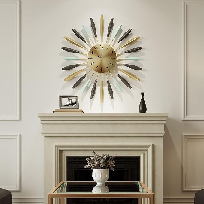 Mid Century Modern Wall Clock, 22 Inch Large Metal Wall Clock for Living Room Decor, Colorful Sunburst Starburst Decorative Clocks Silent Battery Operated for Kitchen Bedroom Office