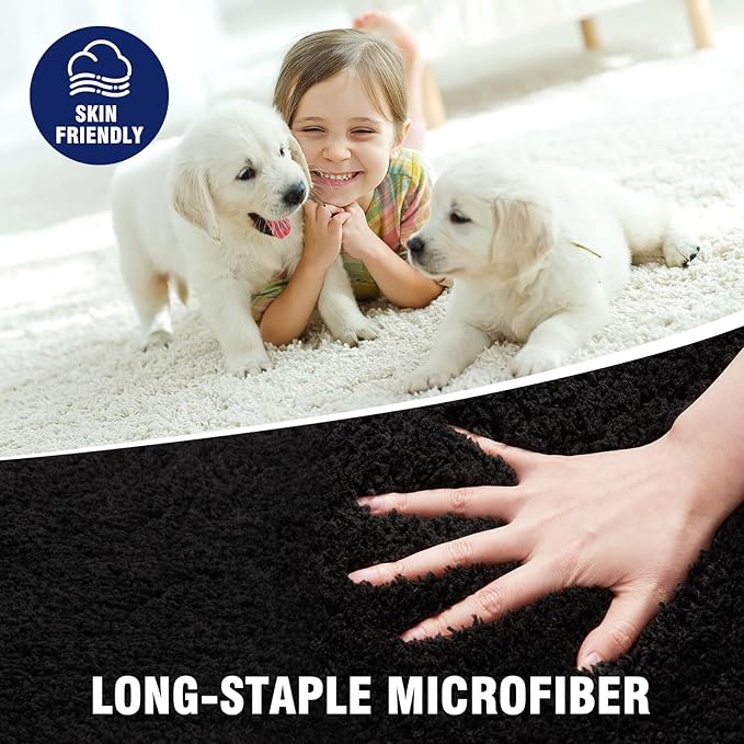 TECHMILLY Super Soft Shaggy Bathroom Rugs, Absorbent Thick Non Slip Microfiber Bath Rugs, Quick Dry Machine Washable Bath Mat for Bathroom Floor, Bathtub and Shower 24"x36" Black