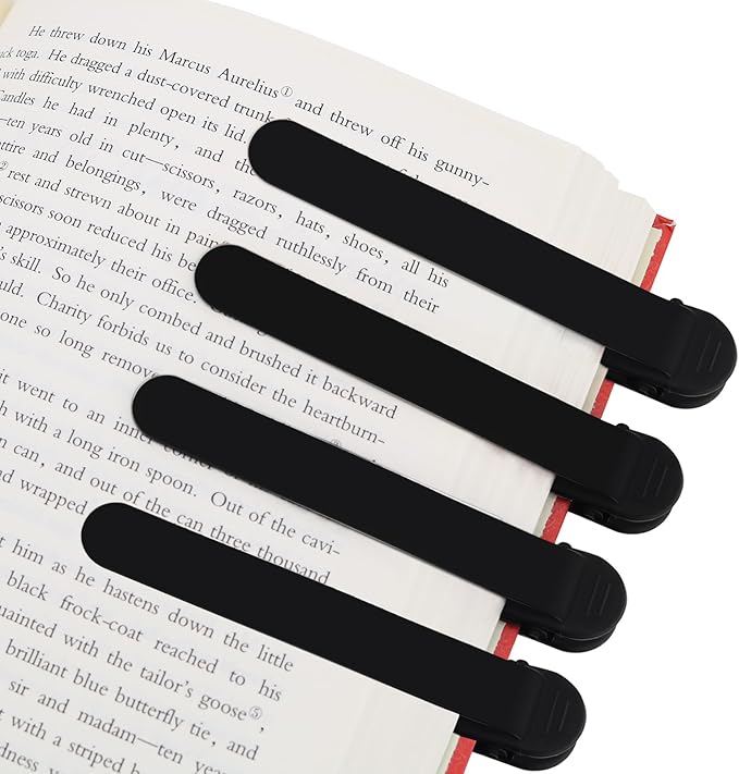 SMUK 4pcs Silicone Bookmarks for Book Lovers Women Men Girls, Black Automatic Book Markers for Reading Women Teachers, Unique Book Reading Accessories Book Page Keeper