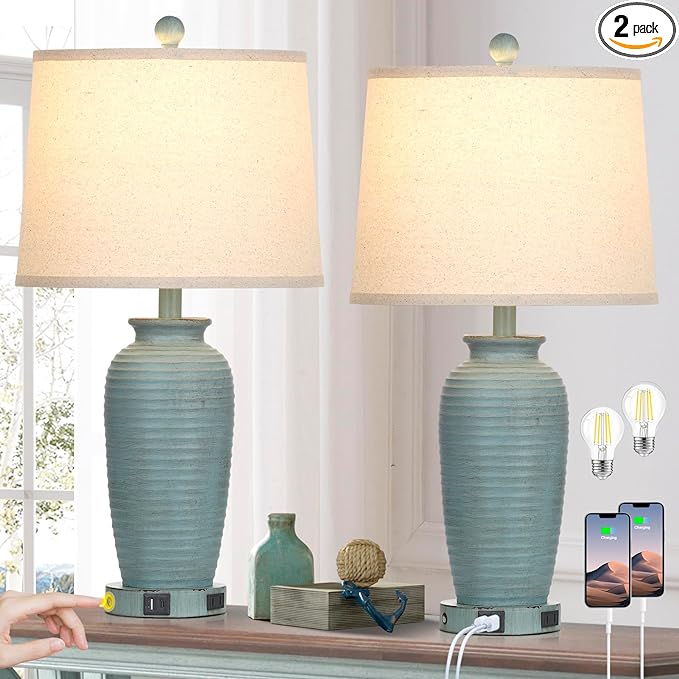 25" Farmhouse Jar Table Lamps Set of 2, 3 Way Touch Control Rustic Bedside Lamps with USB A+C Ports & AC Outlet, Pot Nightstand Lamps for Bedroom Living Room (LED Bulbs Included)