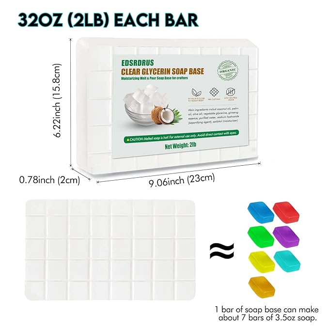 2LB Unscented Glycerin Soap Base DIY Handmade Soap Moisturizing Melt and Pour Soap Base for Crafting, Vegetable Glycerin & Coconut Oil, Easy to Cut (White, 2LB)