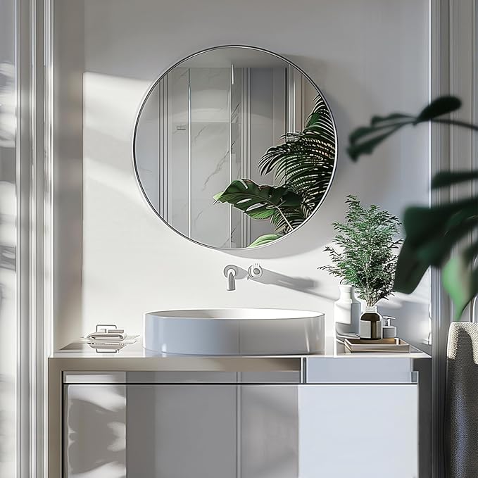 Silver Circle Mirror, Round Mirror 20 inch, Round Wall Mirrors with Aluminum Frame, Circle Mirrors for Living Room, Bathroom, Wall, Hallway.