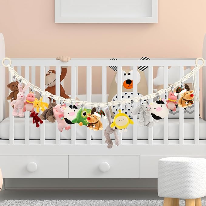 2PCS Stuffed Animal Hammock Corner - 78 Inch Stuffed Animal Storage with 40PCS Clips, Boho Stuff Animal Organizer with Wooden Ring Hanging Stuffed Animal Holder for Wall or Corner Nursery Collection